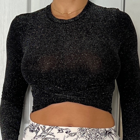 H&M Black Cropped Glitter Top Sz. S - Picture 1 of 7